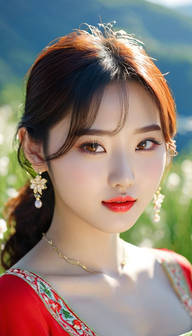 pretty Korean girl: super cute, beautiful;
Age: from 18-20 years old;
hair: bronze orange color, soft, shiny in the sunlight, detailed;
skin: milky white, rosy and flawless;
eyes: jet black, almond shaped, sexy, youthful, clear;
eyelids: delicate, perfect;
eyebrows: arched, sparse;
Face: beautiful, pure, like a fairy, balanced, perfect, beautiful in every detail;
nose: pretty, tall;
Cheekbones: prominent;
lips: seductive, light red lipstick, lovely lip gloss;
teeth: pure white, bright smile;
clothes: jade green, embroidered with gold thread;
Body shape: plump, graceful, youthful;
accessories: ruby ​​necklace, ruby ​​earrings;
Fashion style: high-end, Modern 2024, luxury;
Photo taken with Canon EOS R5 85mm f/11 Camera, ((sharp)) mode of people and surrounding scenery. Image quality ((8K)), ((lifelike)), ((masterpiece)), ((sharp and highest contrast)), ((great depth of field)), ((light stereolithography)); sunlight: sparkling, illuminating the girl's body;
Background: empty street, sparkling light, mountains, rivers and lakes, grass, flowers.
