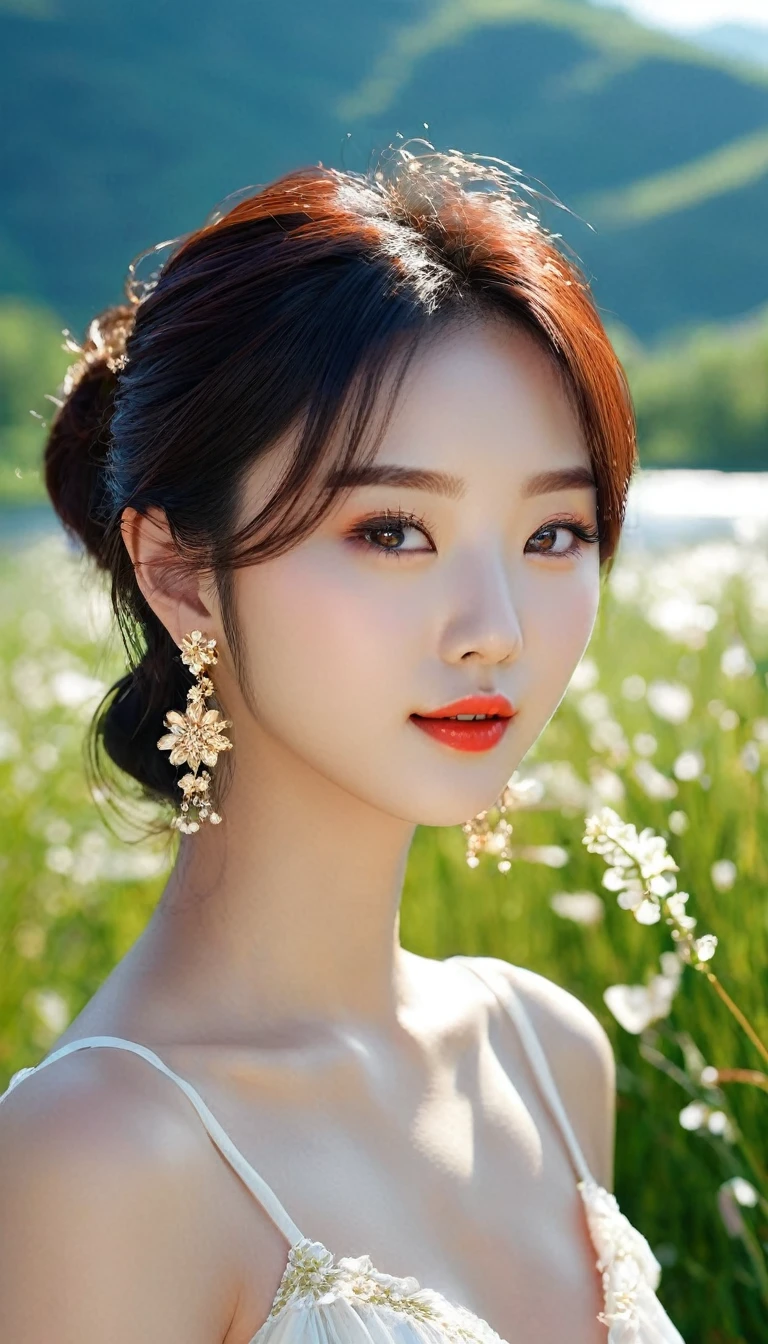 pretty Korean girl: super cute, beautiful;
Age: from 18-20 years old;
hair: bronze orange color, soft, shiny in the sunlight, detailed;
skin: milky white, rosy and flawless;
eyes: jet black, almond shaped, sexy, youthful, clear;
eyelids: delicate, perfect;
eyebrows: arched, sparse;
Face: beautiful, pure, like a fairy, balanced, perfect, beautiful in every detail;
nose: pretty, tall;
Cheekbones: prominent;
lips: seductive, light red lipstick, lovely lip gloss;
teeth: pure white, bright smile;
clothes: jade green, embroidered with gold thread;
Body shape: plump, graceful, youthful;
accessories: ruby ​​necklace, ruby ​​earrings;
Fashion style: high-end, Modern 2024, luxury;
Photo taken with Canon EOS R5 85mm f/11 Camera, ((sharp)) mode of people and surrounding scenery. Image quality ((8K)), ((lifelike)), ((masterpiece)), ((sharp and highest contrast)), ((great depth of field)), ((light stereolithography)); sunlight: sparkling, illuminating the girl's body;
Background: empty street, sparkling light, mountains, rivers and lakes, grass, flowers.