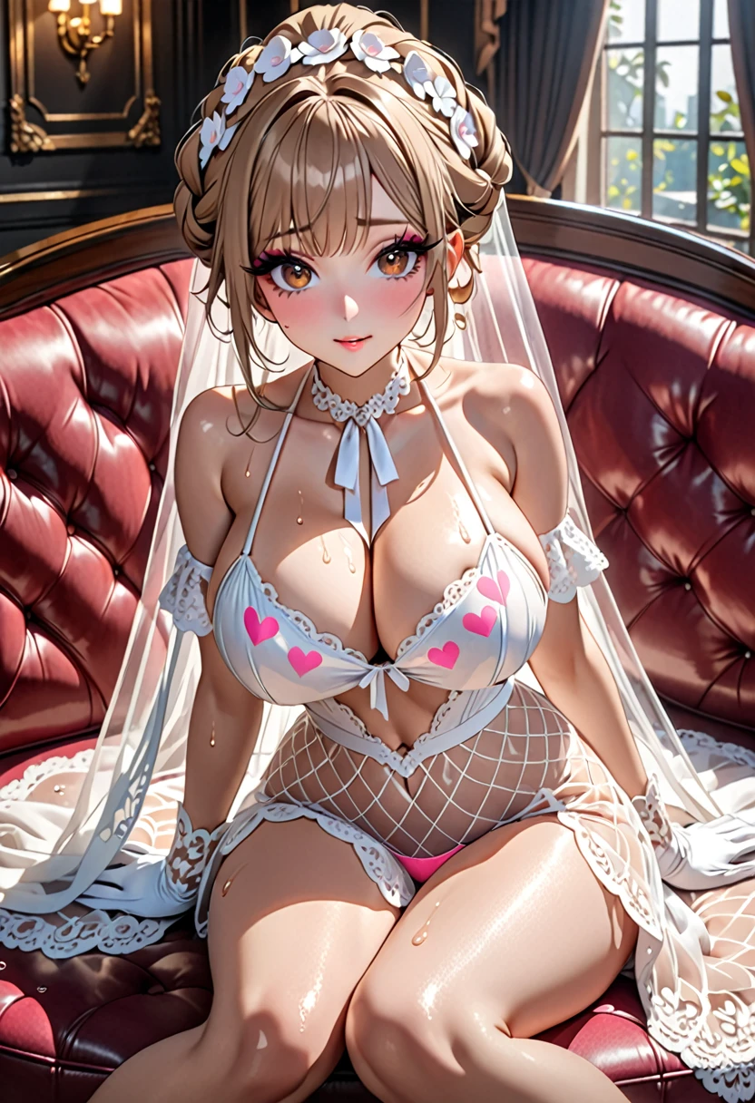 (((Highest quality, Ultra-high resolution、The most complex and detailed depiction)))、((masterpiece:1.3)), (8k, RAW Photos, Best image quality: 1.4), Very detailedな顔、Attention to detail、(Beautiful woman:1.4),(Realistic:1.4) (8k, RAW Photos,), (photo-Realistic:1.2), Very detailed, Beautiful attention to detail, (girl:1.3)、(((Bride in prom dress)))、(Embarrassing、He looks at me with a sad expression、(Ecstatic expression,blush))、(Dark eyeliner、Eyelash length、False eyelashes、double eyelid、Brown eyes:1.5)、Light fluorescent lip gloss, ((hostess:1.5)),(((pink heart print bikini、Red and white big heart pattern),(Pink tea bags)、(White wreath on head、Wedding Veil、Maria Bale))、Pink heart choker around the neck),(((open wedding dress)))、(((White Mesh Opera Gloves))),(Huge breasts:1.6),、(Cleavage:1.2)、(((Light brown hair、Braided hair、((Tie your hair behind your head,Put your hair up)))))、(Gal-style makeup、Dark eyeliner、Black eyeliner、Heavy eye makeup、Eyelash length、False eyelashes、Eyelash length:1.32)、Large pupils、elongated nose、Heavy makeup、Sit with your legs apart、(((whole body)))、sexy、Glamorous Body、(Saggy breasts、Large saggy breasts)、((Sweat、Your body is wet))、(((Sit on a plush sofa)),(Hold your knees and spread your legs)、(eight-headed body)