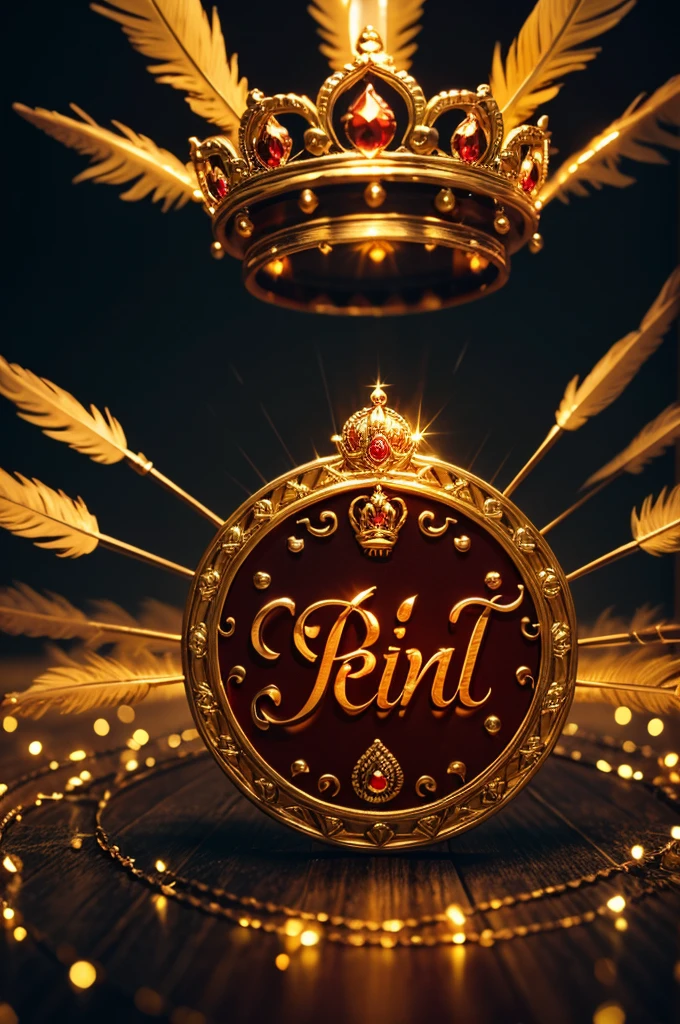 A Red fire glow, ornate logo of the name "PRINCE PATEL" with a crown of feathers on top, surrounded by a glowing halo of light and sparkles, set against a dark grey background.  [Digital art, 3D rendering, inspired by the work of Beeple and Refik Anadol], [Close-up shot, shallow depth of field, soft focus, warm lighting, golden hues, shimmering texture, subtle bokeh effect]