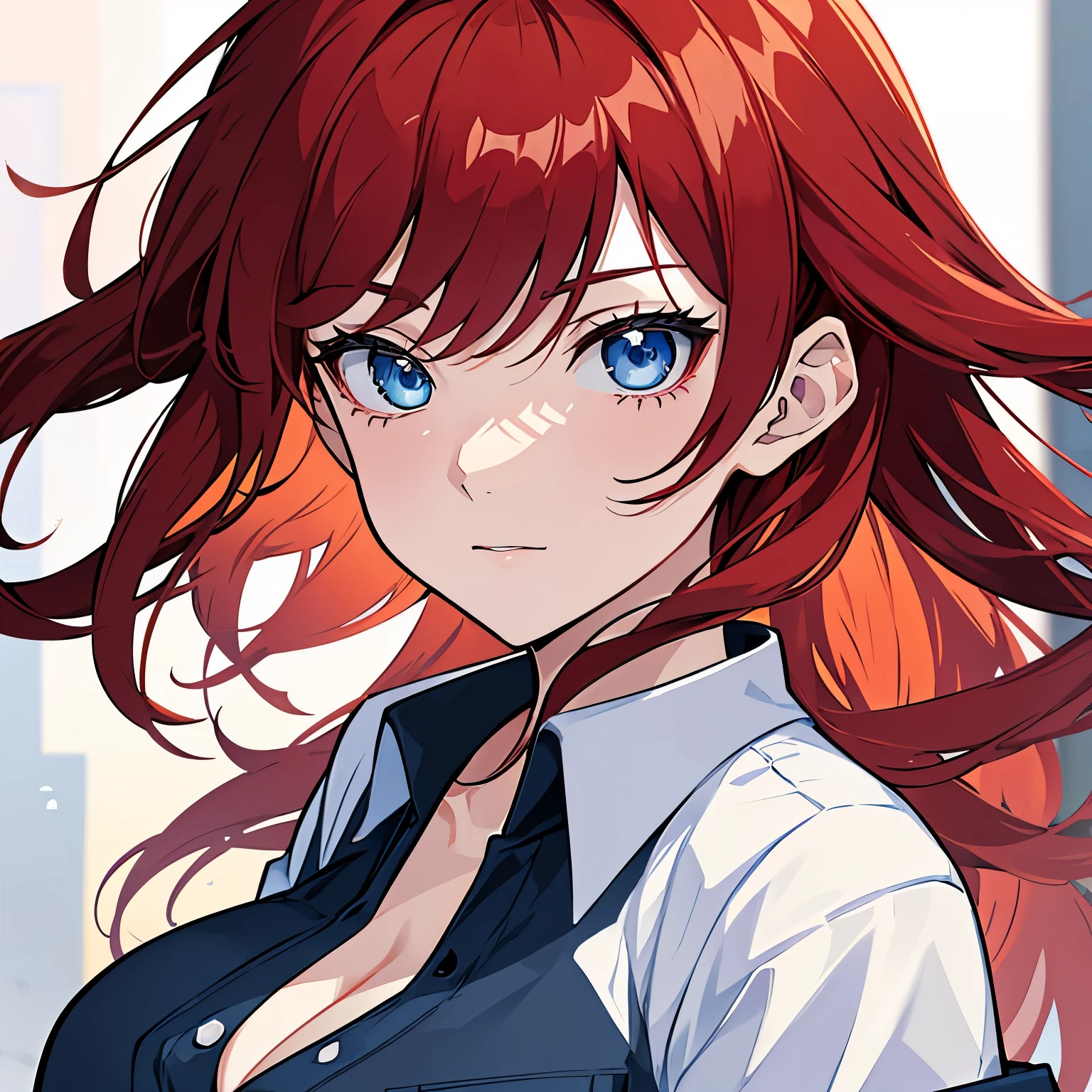 anime girl with long red hair, ((Close up)), bright blue eyes, anime style 4 k, best anime 4k konachan wallpaper, ((wearing blue jeans)), wearing a white tee shirt, wearing a black jacket, ((arms folded)), digital anime art, anime working girl, mechanic anime girl, badass anime 8 k, e - girl, e-girl, anime girl with red hair, anime art wallpaper 8 k, urban background