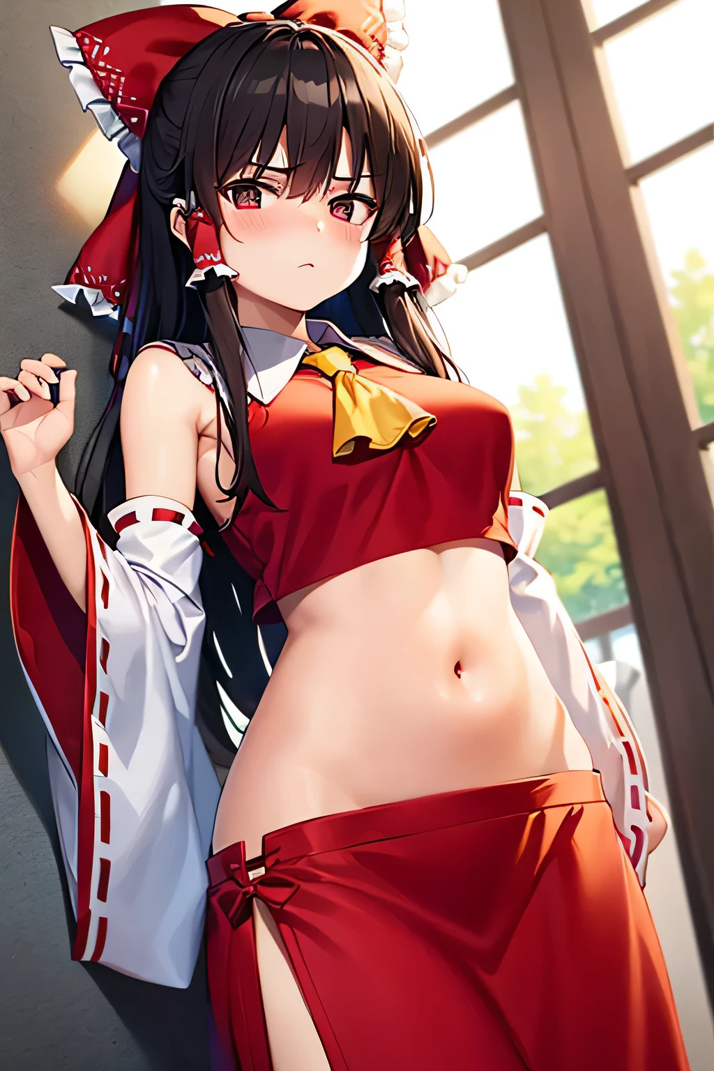 super fine illustration, vibrant colors, masterpiece, sharp focus, best quality, depth of field, cinematic lighting, ultra detailed, blush, annoyed, belly button, navel , tummy, shrine maiden, hakurei reimu, 1girl, hair bow, ascot, hair tubes, detached sleeves, looking down, red shirt, red skirt, very long curly hair, very messy hair, dark brown hair, indoors, mature woman, ,hakurei reimu, 1girl, hair bow, ascot, hair tubes, miko, detached sleeves, Reimu Hakurei, long skirt, medium breasts, leaning on wall