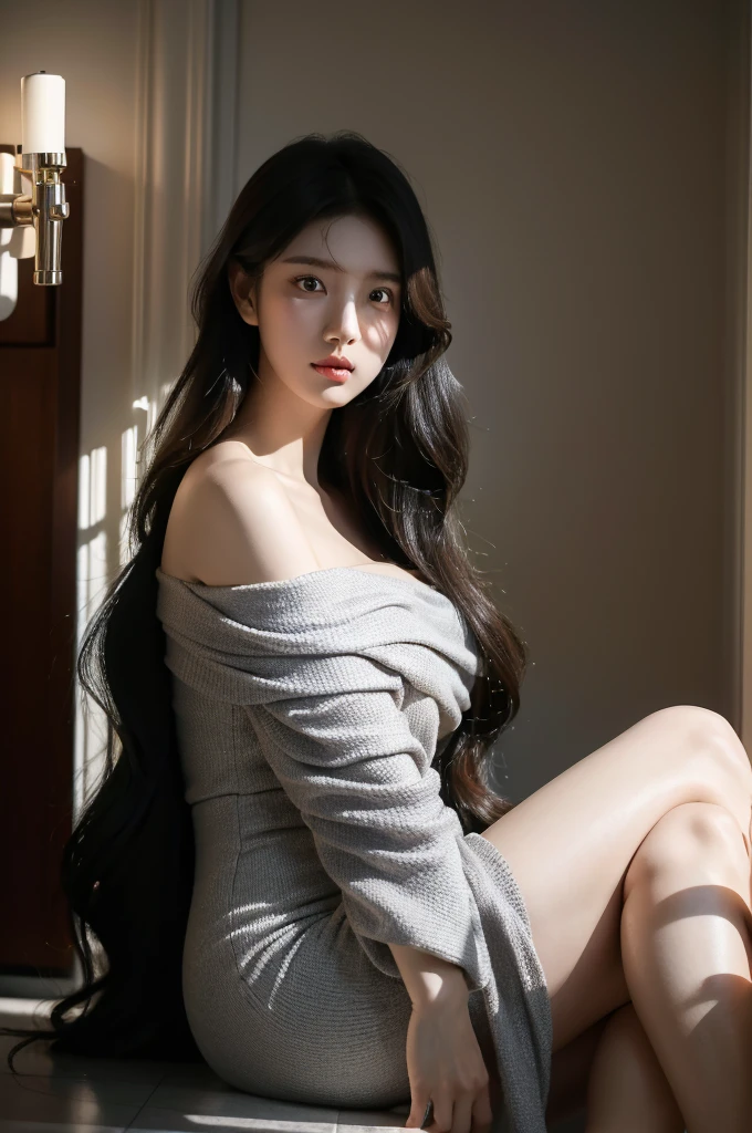 8k, masterpiece, RAW photos, best quality, realistic, Highly detailed CG Unity 8k wallpaper, depth of field, Cinematic Light, lens flare, ray tracing, (very beautiful face, beautiful lips, beautiful eyes), Face with intricate details, ((highly detailed skin)), best quality, masterpiece, ultra high resolution, (realistic photo:1.5), Original image, luxury long dress, 1 woman, off shoulder, in the dark, deep shadows, low song, cold light, sexy look, long gray hair,house,restroom,selfie,pretty,rim light,Swirling hair, medium shot, big bust, korean girl, korean