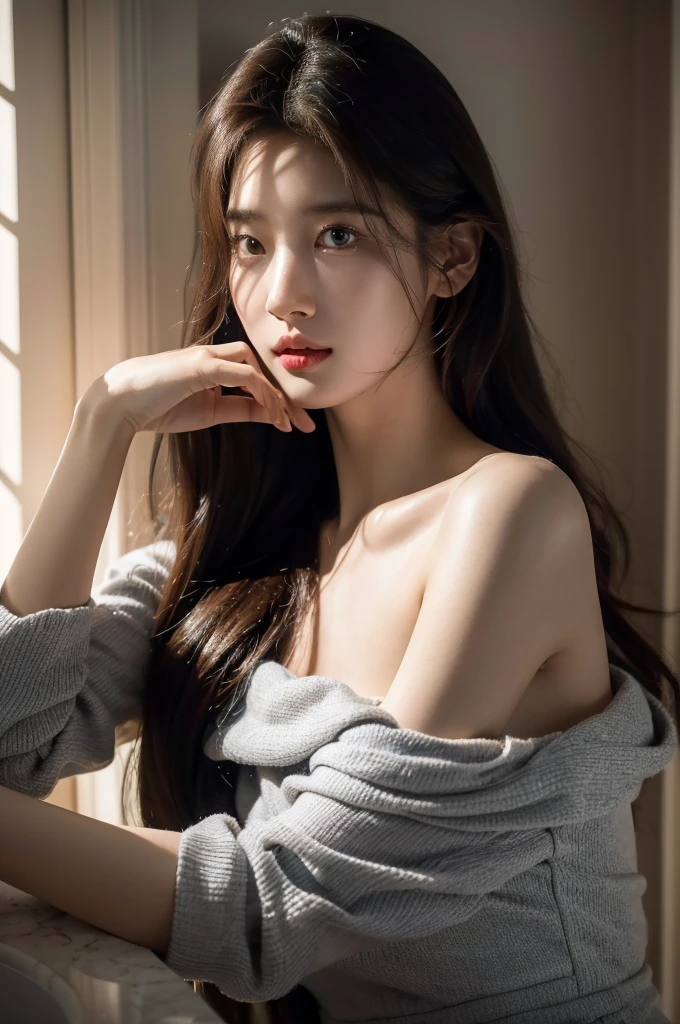 8k, masterpiece, RAW photos, best quality, realistic, Highly detailed CG Unity 8k wallpaper, depth of field, Cinematic Light, lens flare, ray tracing, (very beautiful face, beautiful lips, beautiful eyes), Face with intricate details, ((highly detailed skin)), best quality, masterpiece, ultra high resolution, (realistic photo:1.5), Original image, luxury long dress, 1 woman, off shoulder, in the dark, deep shadows, low song, cold light, sexy look, long gray hair,house,restroom,selfie,pretty,rim light,Swirling hair, medium shot, big bust, korean girl, korean