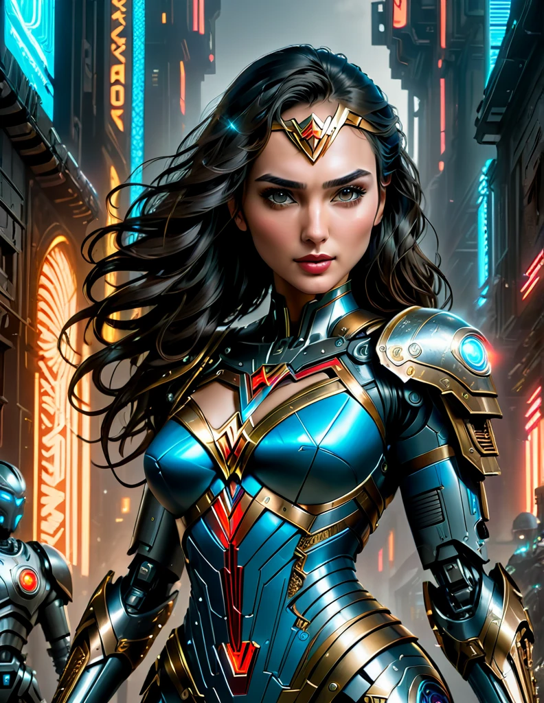 A fantasy picture of (Gal Gadot:1.35) as a Cyberpunk Era Wonder Woman with Cybernetic Wonder Woman Costume in a Neo Cyberpunk Roman Empire with glowing eyes and robotic limbs, insanely intricate detail, Don Lawrence style