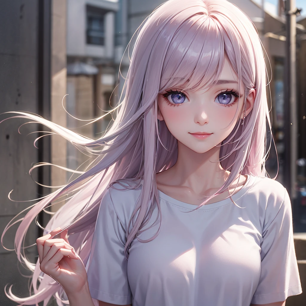 Beauty, High nose, Long eyelashes, 目にLight, Pink Lips, Closed Mouth, pastel colour, purple, Dull pink, Dull Blue, heart, Light, Fluttering Hair, White Skin, Big eyes, Inner color hair, turn around, Get wet, cute, 30 years old, perfume, PRADA, glossy, charm, Real, summer, null, smile, Weather showers, Wolf Hair, Big white t-shirt, Gray Hair,