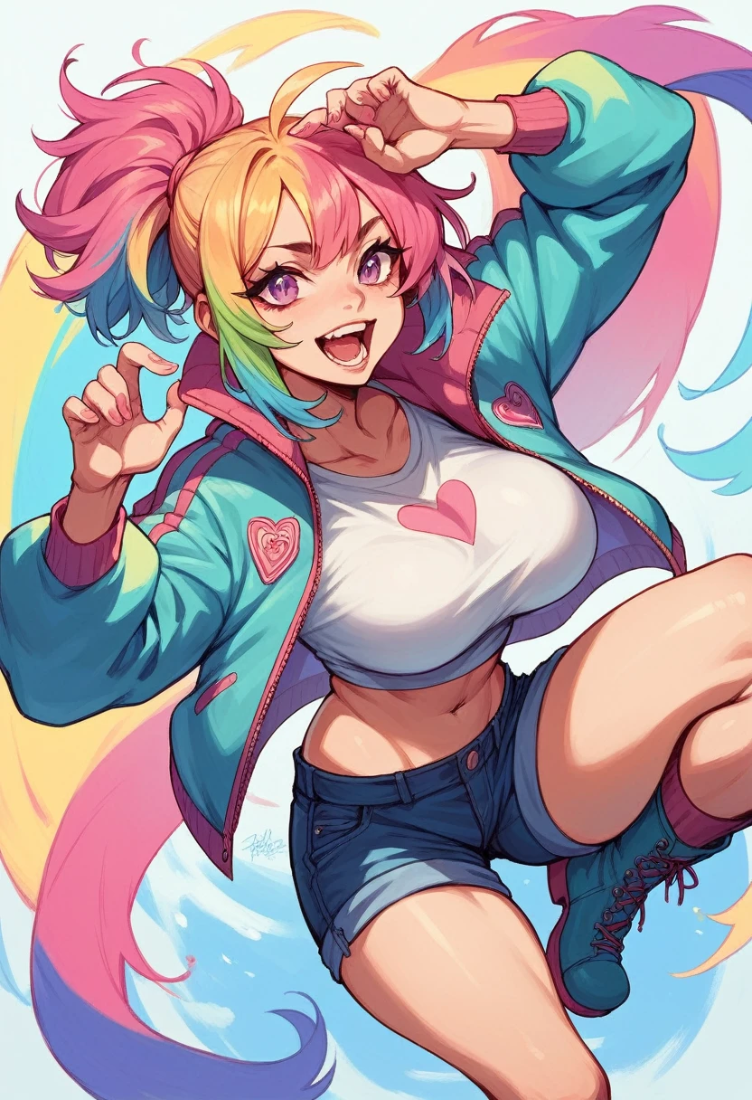 girl colorful hair,fun jacket,fun boots,giant tits,sexy pose,open mouth,hand in the mouth