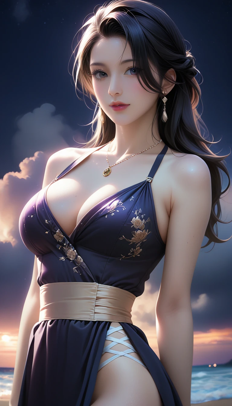 score_9, score_8_superior, score_7_superior, Masterpieces with up to 16K resolution,Highest quality,it is really amazing,Very detailed,Ultra-high resolution,Real,Realistic,Increased depth of field,Cinematic lighting,
sexy japanese milf,
Long black hair,(Ultra-detailed and beautiful faces:1.4),Translucent white skin,Very detailedな肌,
(Elegant resort dresses:1.2),
Artistic design,Beautiful and detailed pattern,Detailed fabric texture,
Gorgeous necklace,Earrings,
(A pitch black night sky with dark clouds:1.4),The coast before the storm,
delay々Continuing sandy beach,
(Cinematic Angle:1.3),