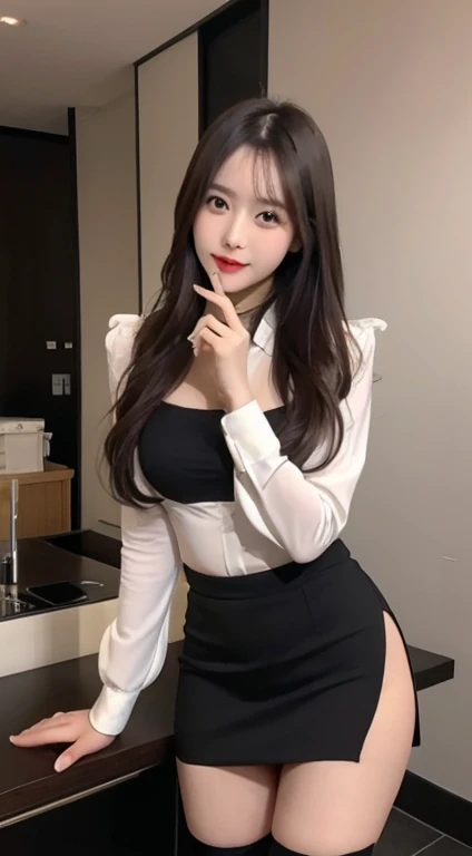 Tabletop, Highest quality, shape, Very detailed, finely, High resolution, 8k wallpaper, 完璧なダイナミックな構shape, Beautiful and detailed, Secretary working at a company,Just the right size chest,Natural color lip, Random sexy poses,Cute Smile,Metropolis,25 year old beauty,Beautiful and elaborate face、Perfect and beautiful face,Big eyes,Tight Skirt,Her legs in stockings are long and beautiful,Beautifully detailed face,Perfect and beautiful double eyelids,Perfect and beautiful face,Beautiful legs wearing pumps,A photo from head to toe,Duck mouth