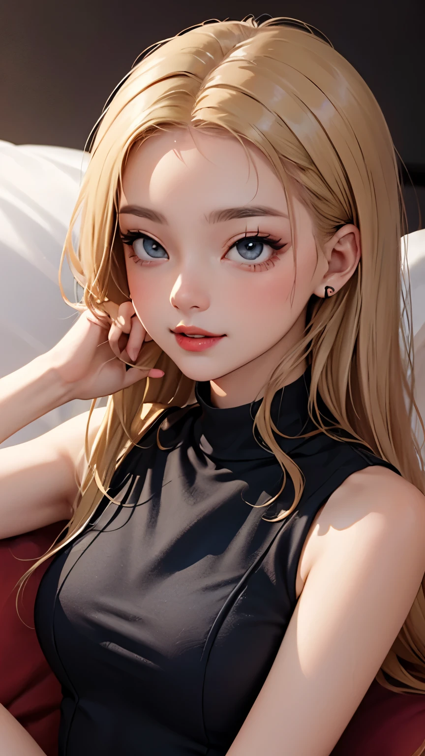 blush a little and smile, (Top quality masterpiece:1.2) Delicate illustrations, Very detailed, /Beautiful Japanese Women、1 person,Very cute and slim、Great style 、((8K images、super high quality))、Very delicate face, Skin and Hair、beautifule forehead、Red lipstick、(((((Mid-length hair、Blonde、lure))))),Very cute Japanese cut face、Eyes and nose are clearly visible、Kind eyes,((((Sleeveless fashion))))