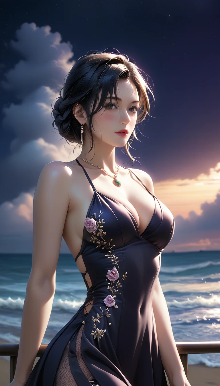 score_9, score_8_superior, score_7_superior, Masterpieces with up to 16K resolution,Highest quality,it is really amazing,Very detailed,Ultra-high resolution,Real,Realistic,Increased depth of field,Cinematic lighting,
sexy japanese milf,
Long black hair,(Ultra-detailed and beautiful faces:1.4),Translucent white skin,Very detailedな肌,
(Elegant resort dresses:1.2),
Artistic design,Beautiful and detailed pattern,Detailed fabric texture,
Gorgeous necklace,Earrings,
(A pitch black night sky with dark clouds:1.4),The coast before the storm,
delay々Continuing sandy beach,
(Cinematic Angle:1.3),