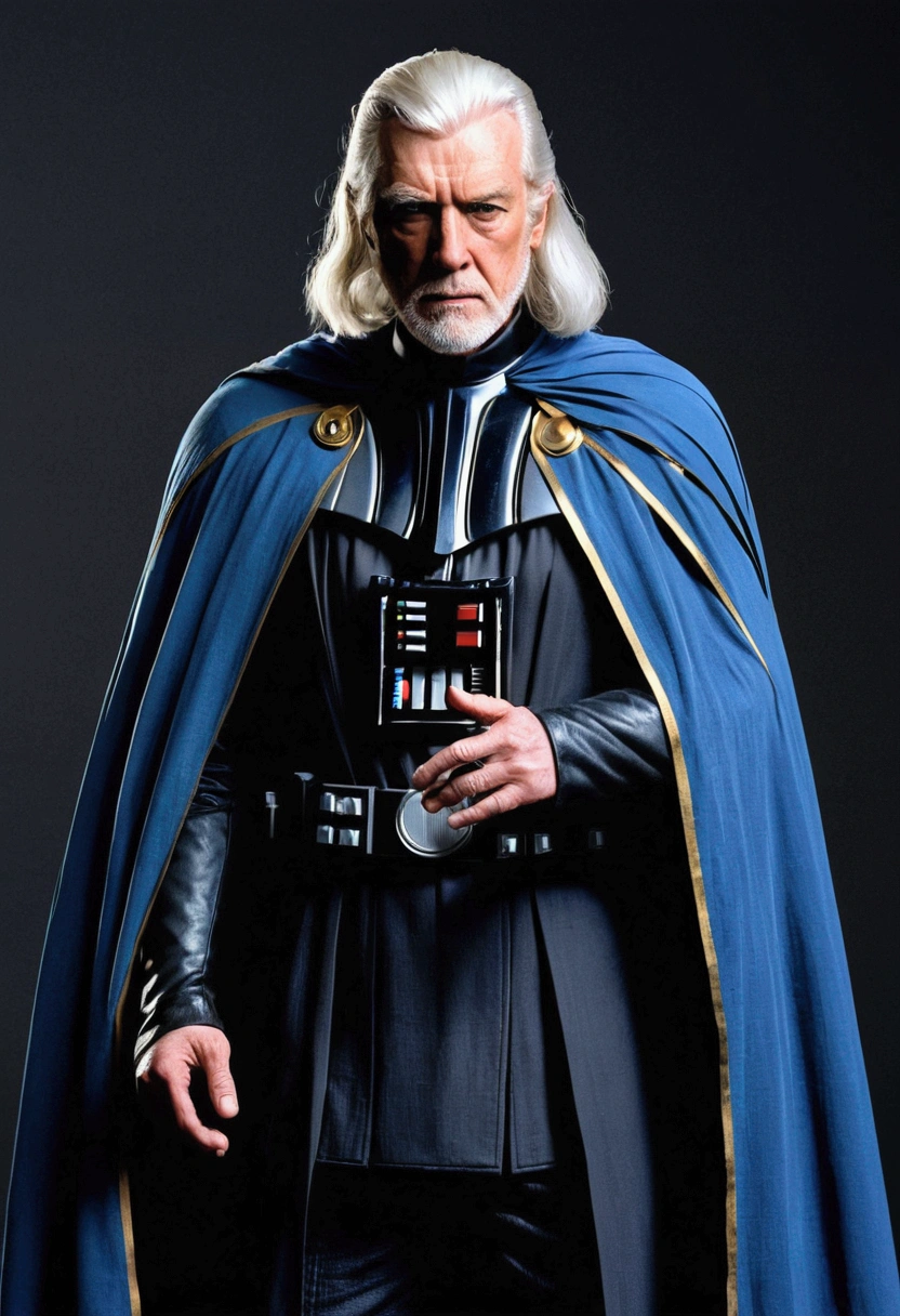 Darth Xedrix. Blue and gold cape. He's very tall, but very thin. He has long, shoulder-length white hair. His face is wrinkled and there is a slight curve between his shoulders. Fragile and cautious. “He's human - they're an inferior species. Over the decades, the dark side has made great demands on his body. He's nothing but a shadow of his former self.".