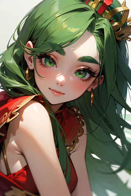 (Highest quality, masterpiece:1.2), High resolution, Very detailed, Realistic:1.37, Fantasy, An illustration, Green Eyes、Queen, Red and green swimsuit、Platinum decoration、beautifully、Eyeshadow Red、Thick eyebrows、Long eyelashes、pupils are black、Her hair is dark green、Gold crown、Kissing Face、Embarrassing、Beloved by the crowd、Hair is green、Braiding、hair ornaments、Laugh gently、Close one eye、Wink、Wink、From the waist up、bikini、