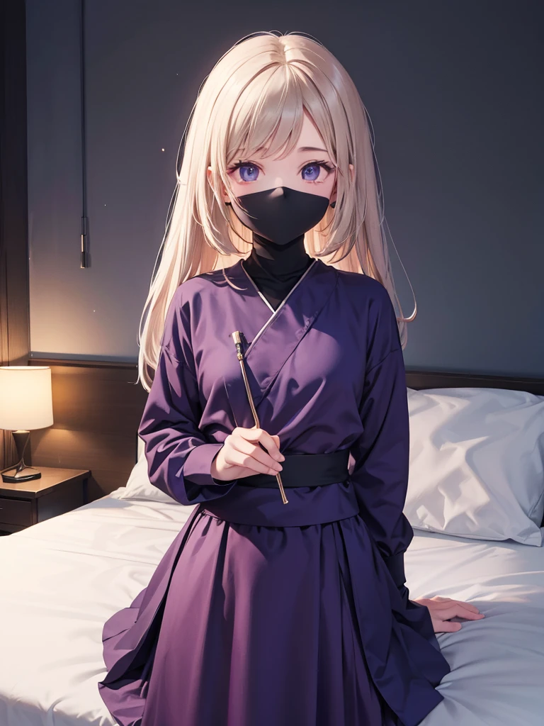 upper body, 1girl, wallpaper, light particles, bed, background, look at viewer, ninja mask, purple skirt
