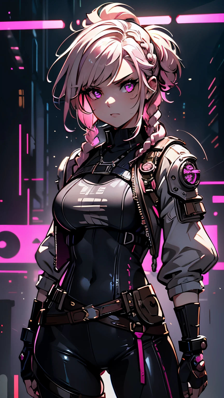best quality, super fine, 16k, incredibly absurdres, extremely detailed, cute female warrior, excited look, white messy short braided hair, superlative body proportion, wearing pink line with steampunk and dieselpunk neon color light gear wear, cyberpunk