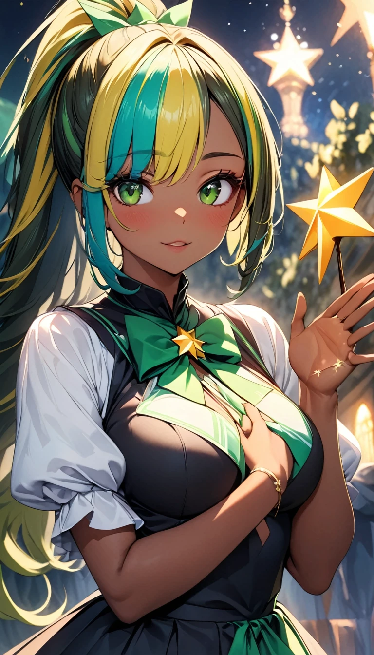 (highest quality:1.2, Very detailed, up to date, Vibrant, Ultra-high resolution, High Contrast, masterpiece:1.2, highest quality, Best aesthetics), Portraiture、solo, girl、(slim:1), (25-years-old), magical girl, ((holding and waving a magic stick on hand, shinning star at the top of stick.:1.5)), in magic kingdom, (daytime), Bright colors、Beautiful fine details、Beautiful lip detail、long hair、ponytail, white and yellow green ((streaked hair:1.6)), highlights hair: 1.5, (medium breast:1) , (tan skin:0.9), cute pose, ((cowboy shot:1))