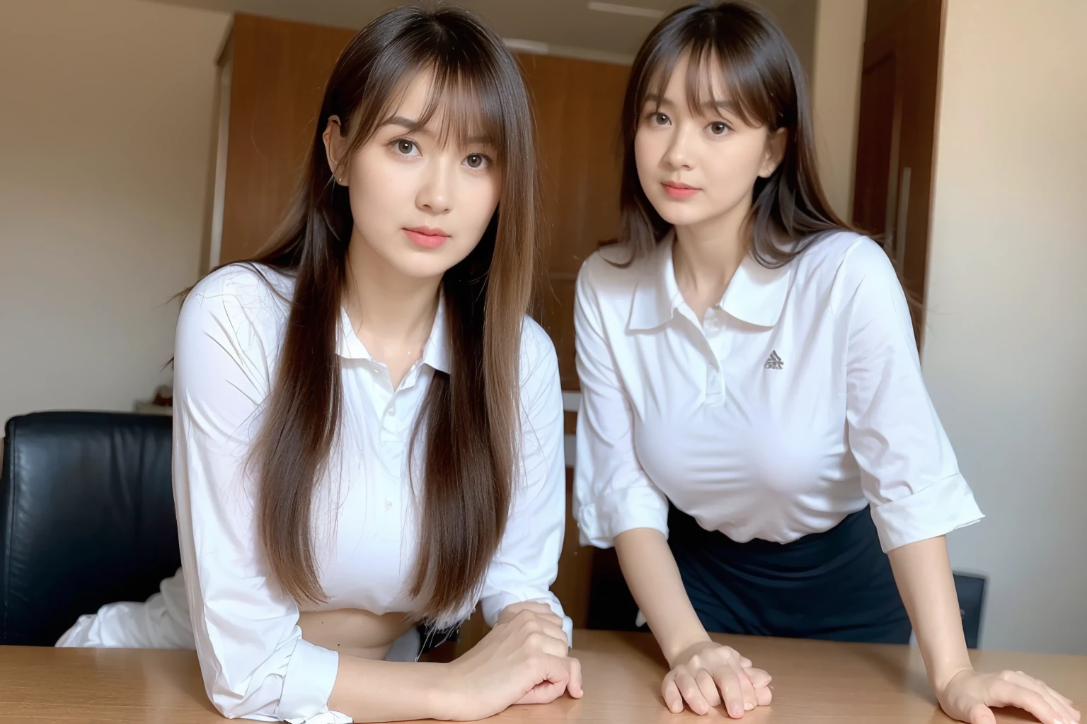 1girl, A beautiful 17 years old girl with perfect shaped medium breast, long soft wavy blunt bangs black hair,  wearing office uniform sitting on a chair taking notes in her office room , (wide angle view)