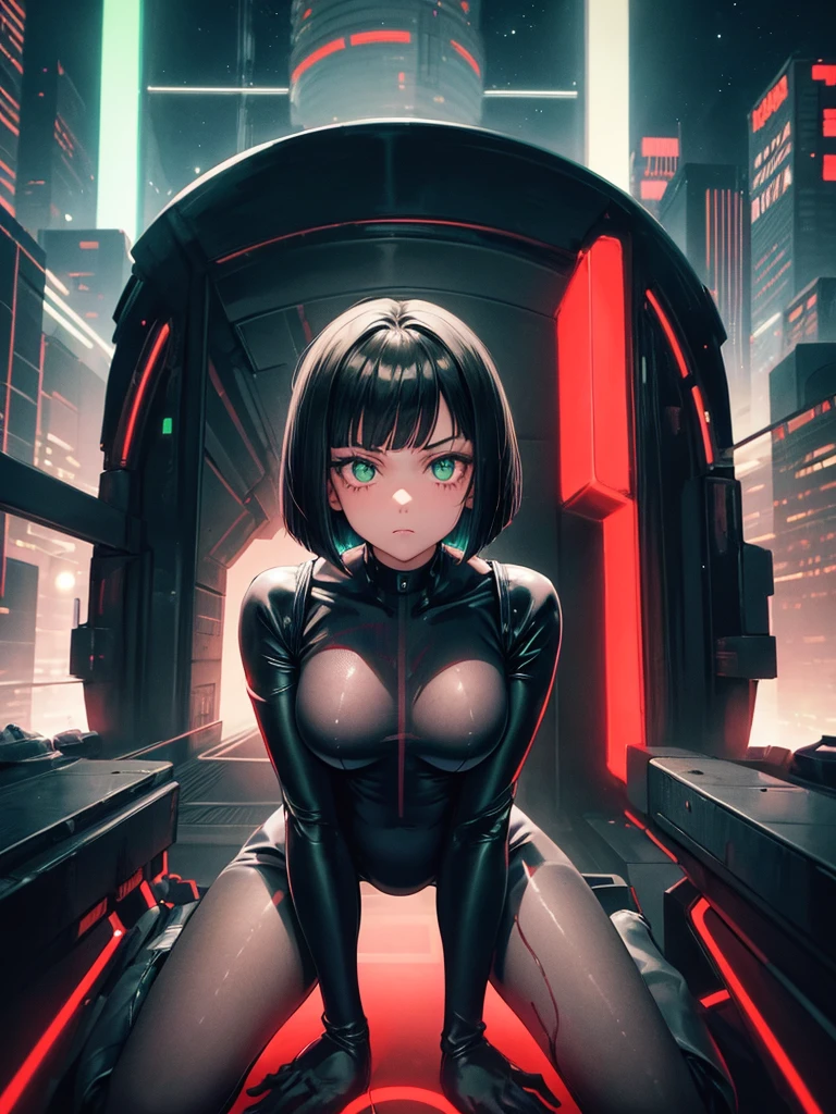 
1 girl, bob cut, forehead, green eyes, big eyes, expressionless, large breasts, (((black bodysuit with red neon lines))), protector, black gloves, black boots, crouching, futuristic city, rooftop of a building, night sky, Galaxy, high quality, delicate, masterpiece illustration