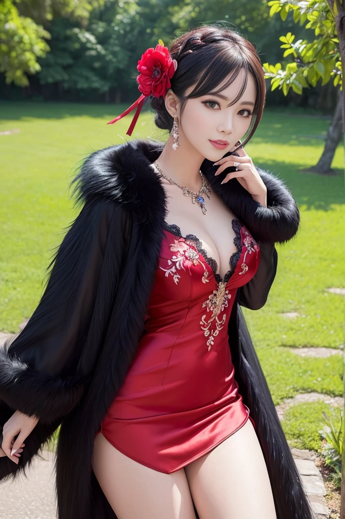(masterpiece:1.4), (best quality:1.4), ultra high res, ultra high resolution, ((detailed facial features)), HDR, (realistic, photorealistic, photo-realistic:1.37), full body, y Vietnamese model, (-anime), only 1 model, vivid colors, very short hair, (beautiful smile), lip-gloss, long lashes, defined eyebrows, wearing large sparkling colorful jewelery, wearing a red silk Paradise Kiss cosplay dress with black floral embroidery, ((long fur vivid colors outfit)), vivid colors, look at the camera, cinematic light, large park background with trees, sweet and sexose