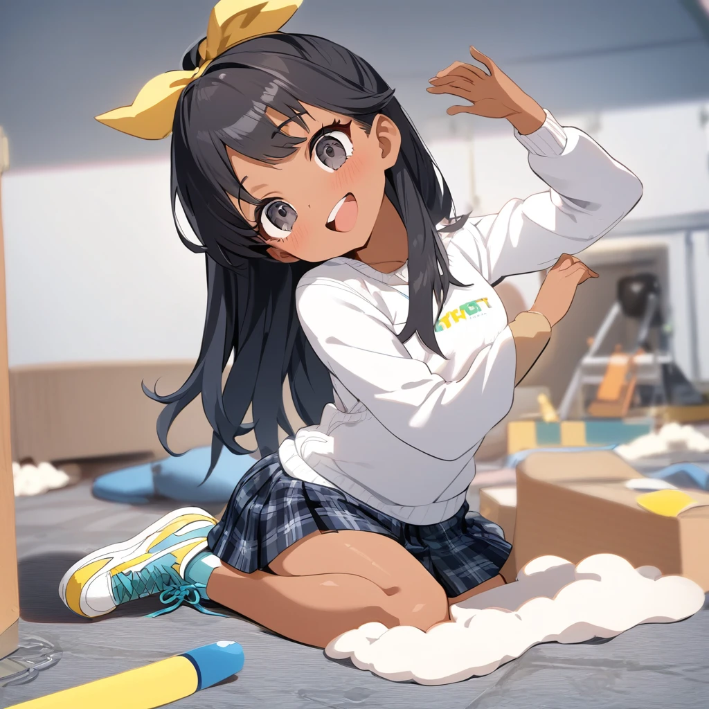 (anime style),masterpiece, best quality, extremely detailed,,tanned skin,dark skin, Beautiful tiny body,small breasts,BREAK,multicolored colorful black hair,long hair,for head,BREAK,black eyes,best smile,open mouth,detailed lips,BREAK,cotton Yellow big ribbon,BREAK,rippedoversized school sweater、tartan check Skirt,sporty shoes,playful gesture,break,head tilt,in the kids space