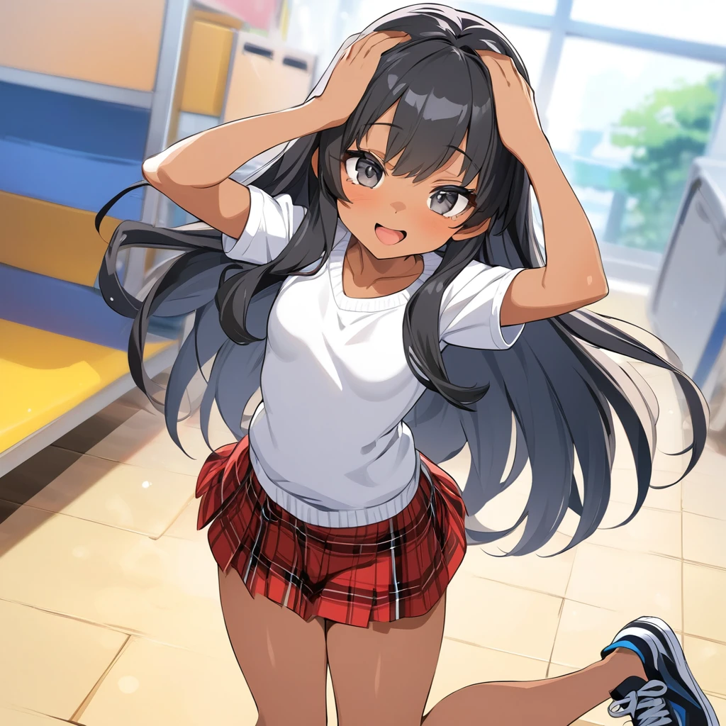 (anime style),masterpiece, best quality, extremely detailed,,tanned skin,dark skin, Beautiful tiny body,small breasts,BREAK,multicolored colorful black hair,long hair,for head,BREAK,black eyes,best smile,open mouth,detailed lips,BREAK,cotton Yellow big ribbon,BREAK,rippedoversized school sweater、tartan check Skirt,sporty shoes,playful gesture,break,head tilt,in the kids space