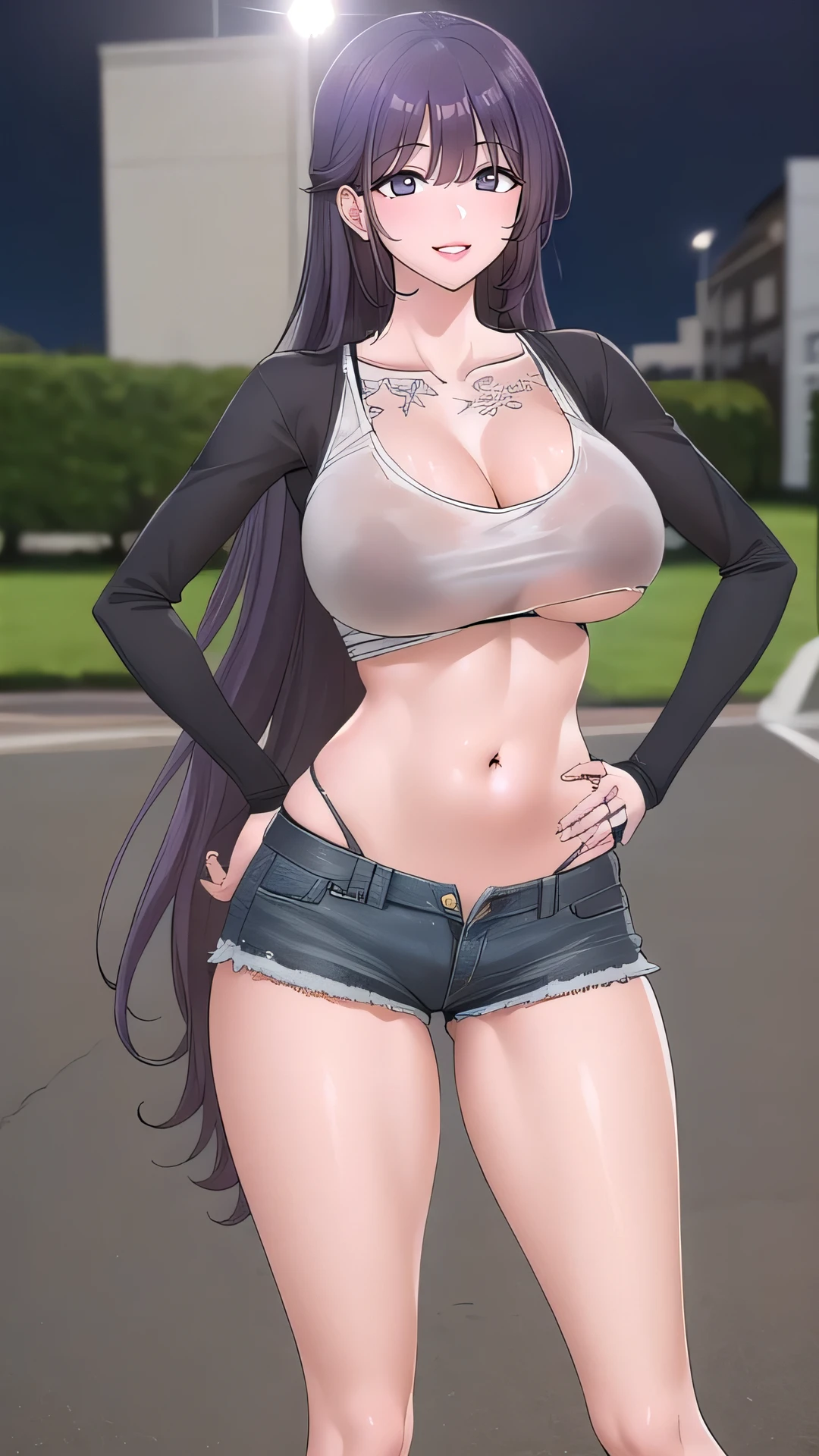 (front view detailed body, long belly , Slender body, tight body , thicc, large breast, breast, long thighs, masterpiece, long hair, very long hair, fwbak, mature female, hairclip,hair_between_eyes, very_long_hair, cowboy shot, front shot, looking at viewer, Shirt, loose shirt, short shirt, underboob, navel, stocking, stockings, Denim, short denim, hot pants, short shorts, collarbone, cleavage, armpit, hand on hip, bag, holding, night, Jewelry, outdoors, full body, Beautiful Finger,Beautiful long legs,Beautiful body,Beautiful Nose,Beautiful character design, perfect eyes, perfect face,expressive eyes, looking at viewer,(Full_body),(Focus on her face), official art,extremely detailed CG unity 8k wallpaper, perfect lighting,Colorful, Bright_Front_face_Lighting,shiny skin, (masterpiece:1.0),(best_quality:1.0), ultra high res,4K,ultra-detailed, photography, 8K, HDR, highres, absurdres:1.2, Kodak portra 400, film grain, blurry background, bokeh:1.2, lens flare, (vibrant_color:1.2) (Beautiful,large_Breasts:1.4), (beautiful_face:1.5),(narrow_waist), facing the viewer