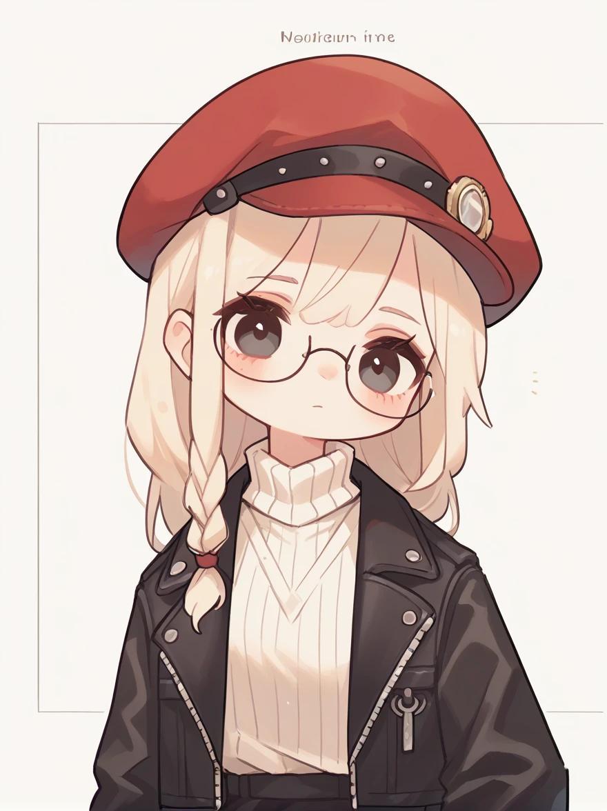 masterpiece, Concept Art, Center, close up, portrait, permanent, 1 Girl, Melania, Reversal 1999, Glasses, Long blond hair, leather jacket, White zip-up sweater, Black skirt, Red leggings, Flat hat, Museum Background