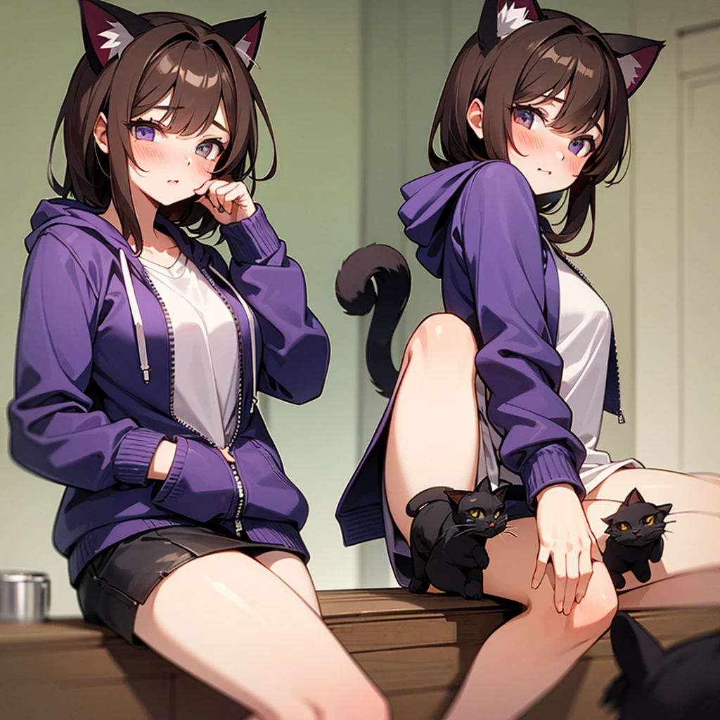 Girl with brown hair and eyes, purple jacket with hood and cat ears, blush
