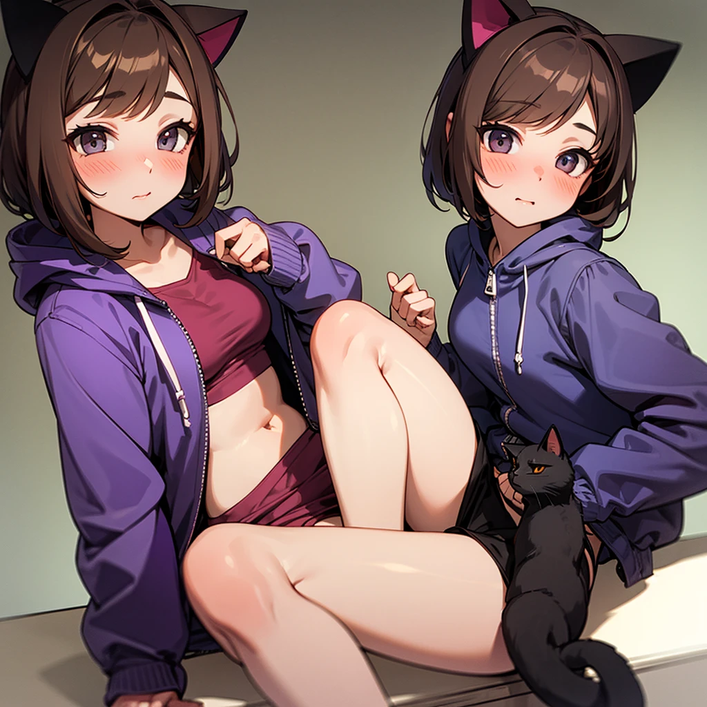 Girl with brown hair and eyes, purple jacket with hood and cat ears, blush