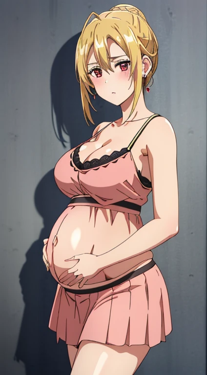 highest quality, High resolution, beautiful eyes, highly detailed face, Detailed CG,soft expression,stylish pose,blush, Angelica V4, large medium breasts,1 girl, alone, Braid, red eyes,(camisole,belly button,mini skirt,earrings,),looking at the viewer,in the center of the image, pregnant 