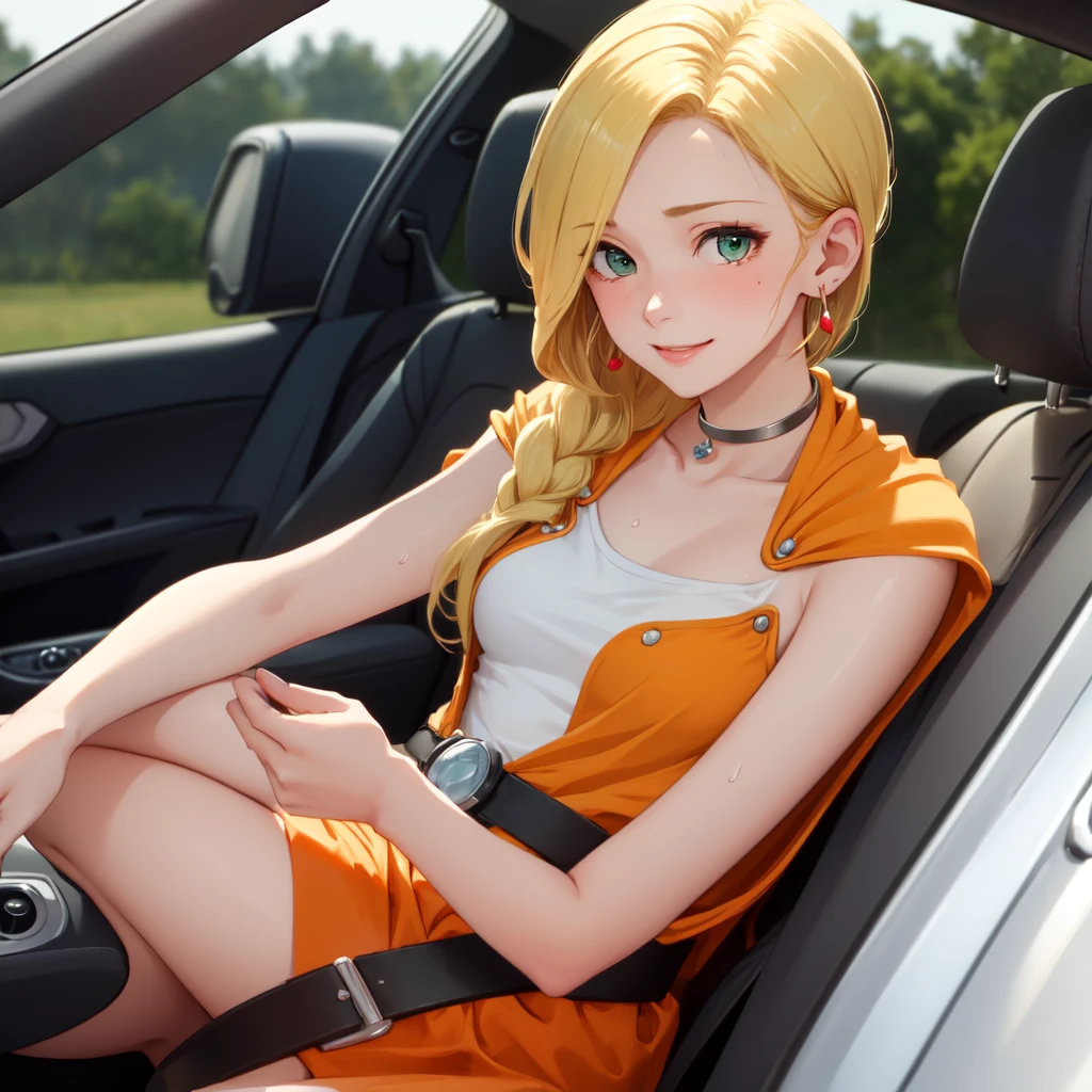 masterpiece, Highest quality, DQ Bianca, 1 person, Single Blade, Earrings, choker, Orange Cape, Green Dress, belt, Small breasts, 1 personで, Driving a car, Upper Body, hot, Sweating a lot, Wipe away sweat, looking at the camera, smile
