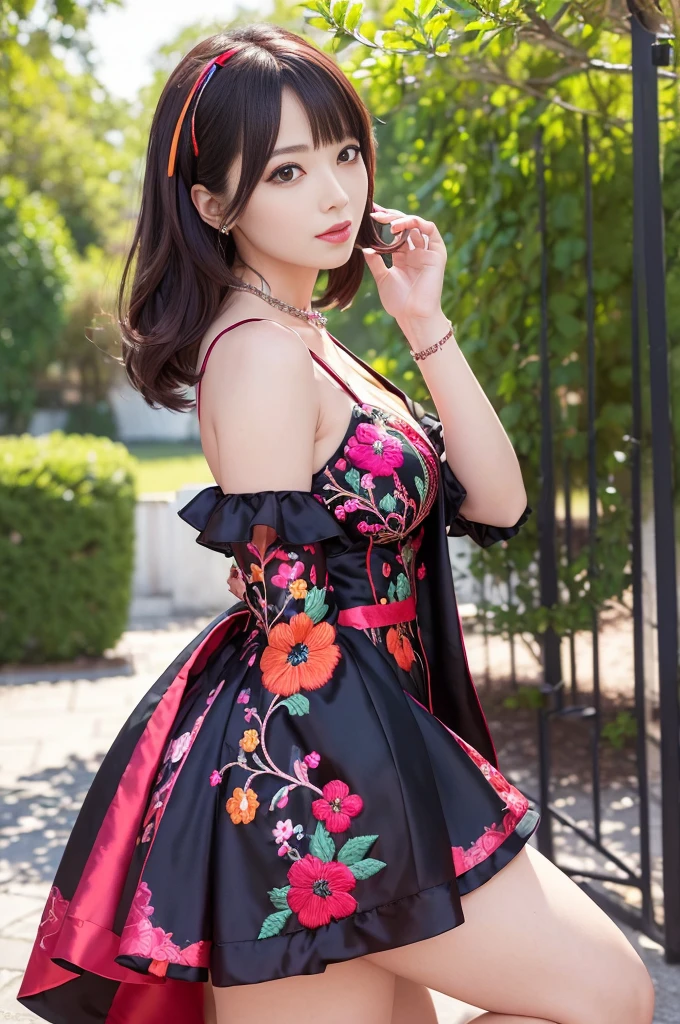 (masterpiece:1.4), (best quality:1.4), ultra high res, ultra high resolution, ((detailed facial features)), HDR, (realistic, photorealistic, photo-realistic:1.37), full body Esbian, sexy Japanese model, (-anime), only 1 model, vivid colors, ((vivid colors multicolor very short hair)), (big smile), lip-gloss, long lashes, defined eyebrows, wearing large sparkling colorful jewelery, wearing a red silk Paradise Kiss cosplay dress with black floral embroidery, ((vivid colors outfit)), vivid colors, look at the camera, cinematic light, large park background with trees, sweet and sexy pose