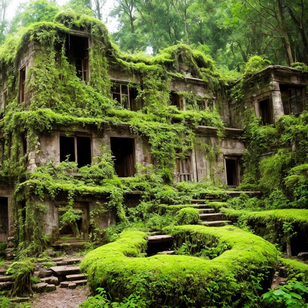 trees growing on the side of a stone building in a forest, overgrown ruins, mossy ruins, ancient overgrown ruins, ancient magical overgrown ruins, old ruins, old mystic ruins, densley overgrown with moss, ancient overgrown! ruins, overgrown place, mossy buildings, ancient ruins in the forest, an overgrown, overgrown with trees