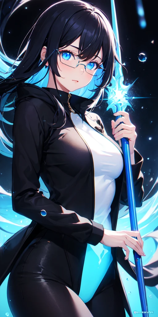 colorful, 1girl, mature, black glasses, black hair, blue eyes, medium breast, staff, holding a staff, blue rain, glow, glowing weapon, water particles, wallpaper, chromatic aberration,