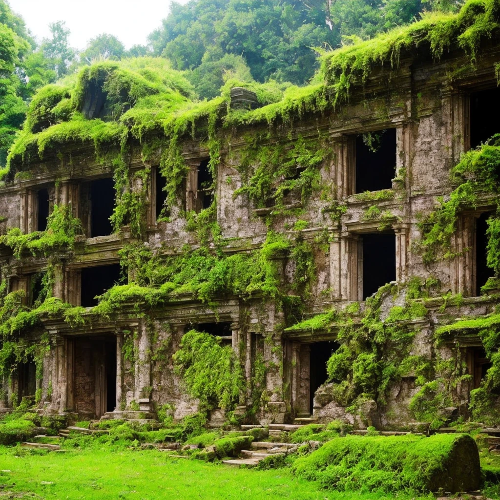 trees growing on the side of a stone building in a forest, overgrown ruins, mossy ruins, ancient overgrown ruins, ancient magical overgrown ruins, old ruins, old mystic ruins, densley overgrown with moss, ancient overgrown! ruins, overgrown place, mossy buildings, ancient ruins in the forest, an overgrown, overgrown with trees