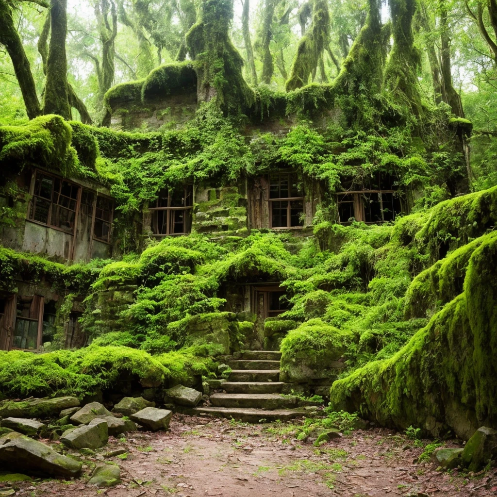 trees growing on the side of a stone building in a forest, overgrown ruins, mossy ruins, ancient overgrown ruins, ancient magical overgrown ruins, old ruins, old mystic ruins, densley overgrown with moss, ancient overgrown! ruins, overgrown place, mossy buildings, ancient ruins in the forest, an overgrown, overgrown with trees