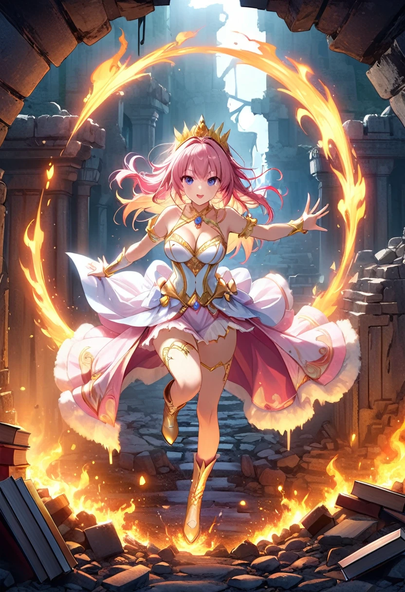 masterpiece、detailed、shiny skin、fire spirit girl、big breasts、(cleavage)、BIG ASS、(thigh focus)、long pink hair、ponytail、Shining eyes、(Highly detailed eyes and face)、Accurately drawn face、(the whole body is made of flame:1.5)、Burning high leg leotard、flame knee high boots、vivid contrasting colors、intricately designed details、(best ratio　1 thumb、Refers to 4 books:1.3)、(Gold Tiara)、(dynamic pose:1.3)、(View from the front:1.5)、(Underground ruins:1.5)、