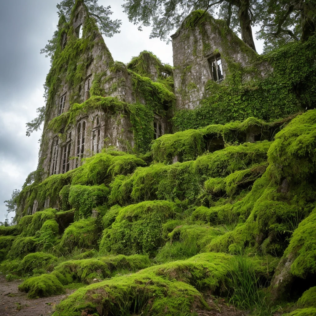 trees growing on the side of a stone building in a forest, overgrown ruins, mossy ruins, ancient overgrown ruins, ancient magical overgrown ruins, old ruins, old mystic ruins, densley overgrown with moss, ancient overgrown! ruins, overgrown place, mossy buildings, ancient ruins in the forest, an overgrown, overgrown with trees