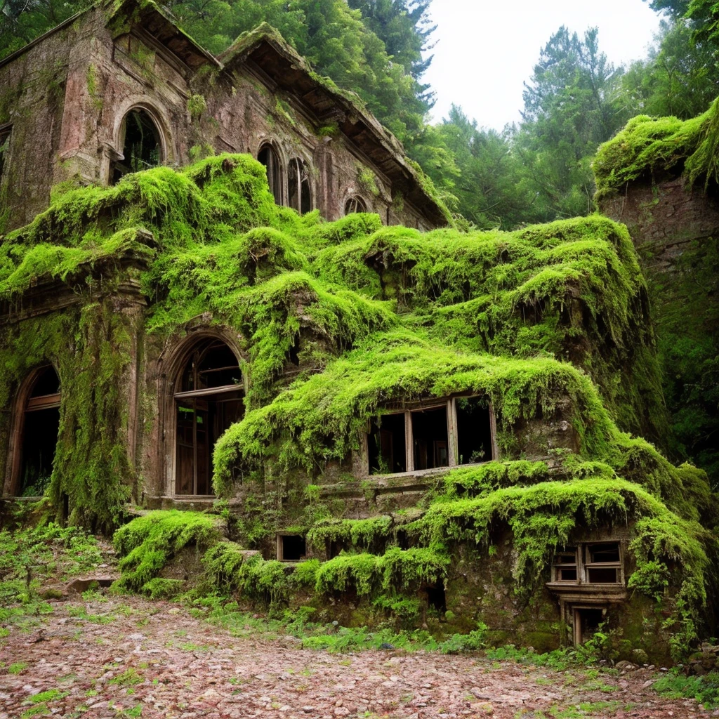 trees growing on the side of a stone building in a forest, overgrown ruins, mossy ruins, ancient overgrown ruins, ancient magical overgrown ruins, old ruins, old mystic ruins, densley overgrown with moss, ancient overgrown! ruins, overgrown place, mossy buildings, ancient ruins in the forest, an overgrown, overgrown with trees