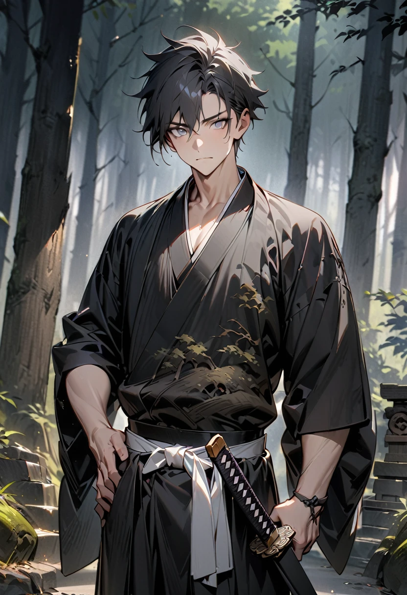 man with calm face ,Male Dark, dark Woods,Red, White & Black colors, gray eyes, short black hair, black japanese hanten,samurai dnd, forest shrine background, katana on hip, masterpiece, detailed hands, detailed image