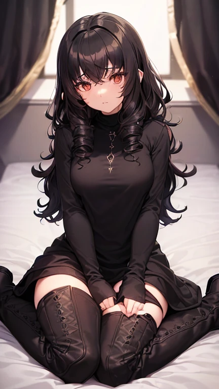 (detailed), (((gothic girl))), (arab features), ((brown sheepskin jacket)), ((black curly hair loose hair)), (calm face), ((by the wide)), ((tall black boots)), (((Whole body))), ((sitting on the bed in a room)), (black turtleneck sweater), ((only one person)), (at night), ((poorly lit room)), (In the dark),