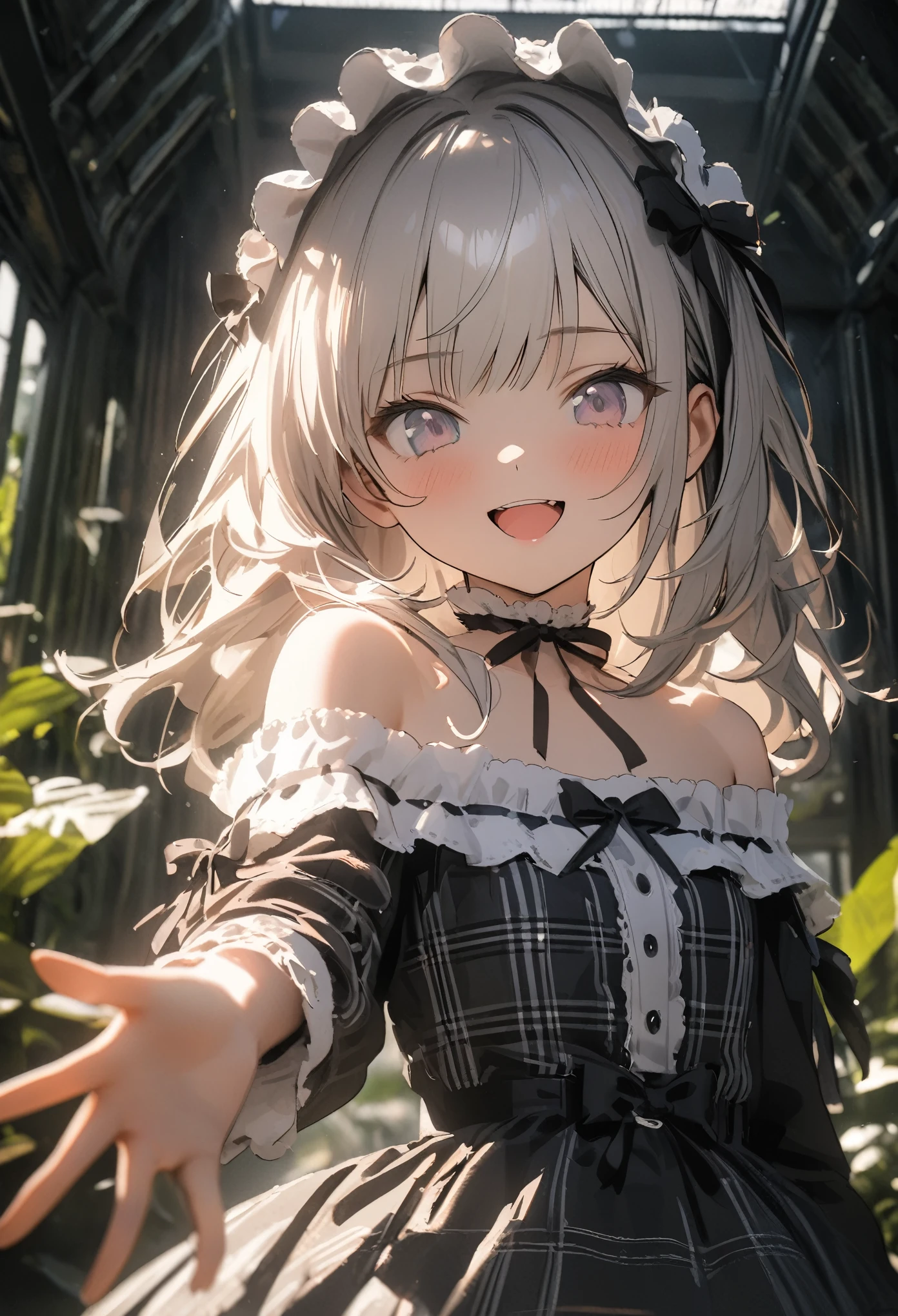 ((Masterpiece)), ((best quality)), ((kawaii)), ((extremely detailed)), (sketch:0.3), (RAW photo:1.2), (8K), (High Definition:1.3), (Professional Photography:1.2), cinematic lighting, (very aesthetic:1.2), (absurdres:1.2), (sharp focus), (perfect light), ((12 years old)), cute teenage girl, Plaid dress, (Off-Shoulder dress), hoop dress, strapless, (lolita fashion), (healthy skin), pale silver hair, (Reaching arm), exposed bare shoulder and arms, lolita style, ((looking at another)), naughty smile, open mouth, pretty, portrait of lolita girl, red checker, (against the giant greenhouse), ribbon belt,