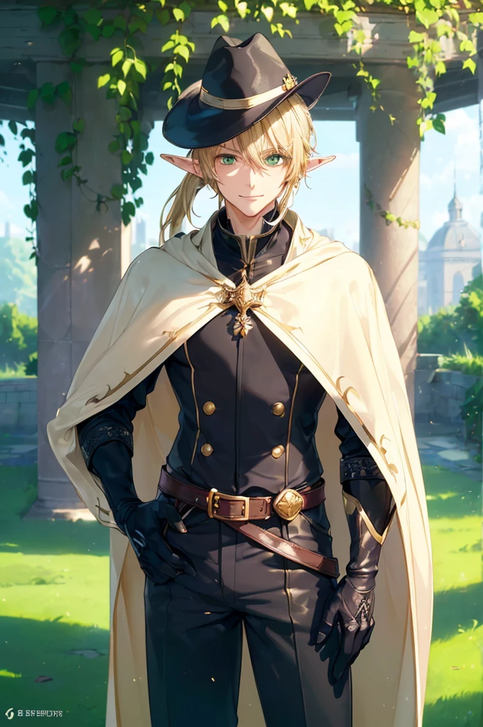 (((masterpiece; best quality: 1.2))), (finely detailed eyes: 1.3), (25 year old elf man), (solo), (green eyes: 1.4), (body; toned, fit, masculine: 1.3), (silky blonde hair in low ponytail: 1.3), (beautiful and clear background: 1.2), ((depth of field)), (equipment: adventurer garb + modest + elegant wide-brim hat + dark overcoat + dark long cape + black pants + gloves + belt + pouches: 1.3), (anime illustration: 1.2), (background composition; royal garden: 1.1), (extremely fine and handsome: 1.1), (shot composition; standing + centered on torso + close-up: 1.5), (expression; calm, smile: 1.2)