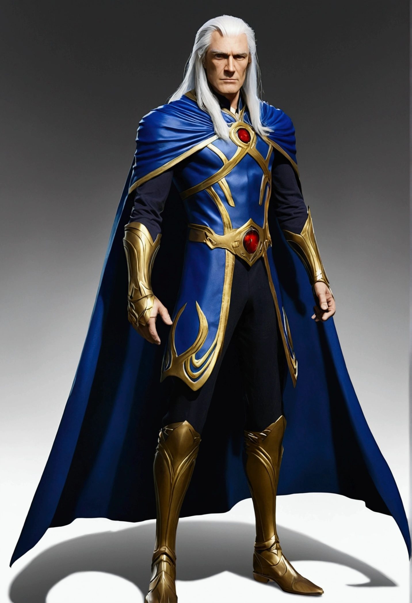 Xedrix. Blue and gold cape. He's very tall, but very thin. He has long, shoulder-length white hair. His face is wrinkled and there is a slight curve between his shoulders. Fragile and cautious. “He's human - they're an inferior species. Over the decades, the dark side has made great demands on his body. He's nothing but a shadow of his former self.".
