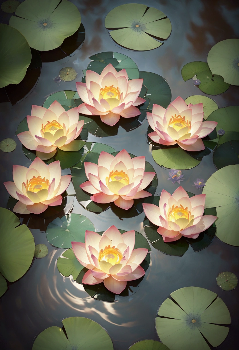 a highly detailed and colorful surreal scene of a transparent inflatable, glass lotus leaves and flowers, rippling water, vivid and exquisite details, vibrant colors, diffused lighting, captivating atmosphere, clean background, high resolution, speed, extreme close-up of lotus leaves, surrealistic photography