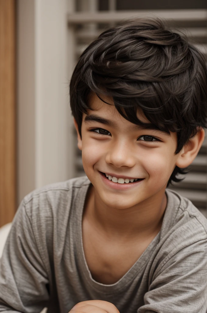 Drawing of a boy with short black hair, white skin, sleepy eyes with large dark brown eyelashes, dimples when smiling