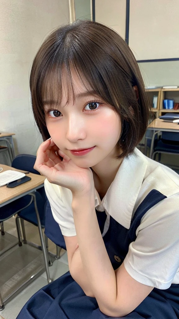 Highest quality, Face Focus, Soft Light, Ultra-high resolution, (Realistic:1.4), RAW Photos, 1 Japanese girl, alone, cute, (A shy smile:0.5), (Brown eyes, Light in your eyes), Beautiful face in every detail, (Small box),(High resolution detail of human skin texture), (Short Bob Hair), break, In the classroom,Navy uniform, Best, skirt