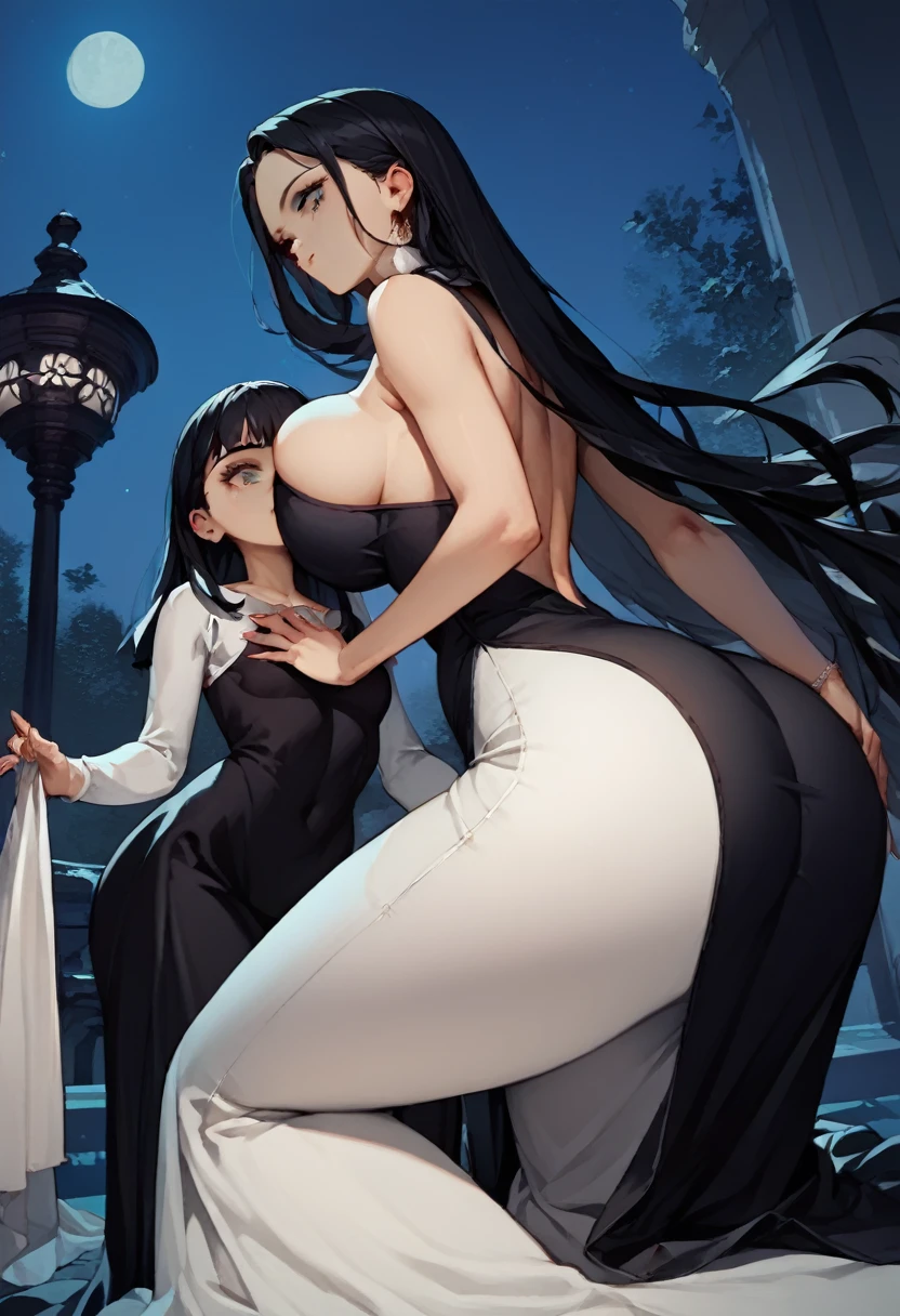 score_9, score_8_up, score_7_up, score_6_up, score_5_up, score_4_up, (source_anime), 2girls, (( white woman, long black hair, big ass, big breast, Long black dress, Long dress)), Low Illumination, Restless, night, A   hiden inside the dress, Bottom-up view, yuri, age diference, 