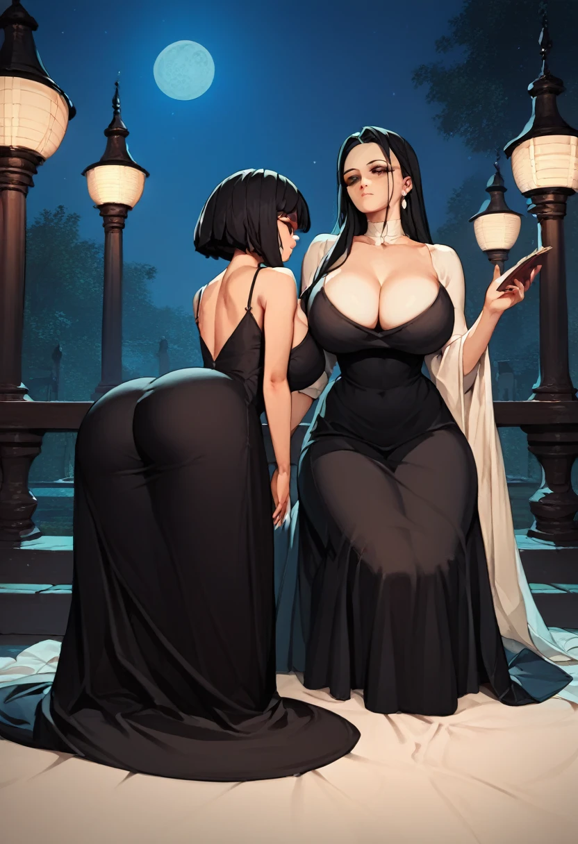 score_9, score_8_up, score_7_up, score_6_up, score_5_up, score_4_up, (source_anime), 2girls, (( white woman, long black hair, big ass, big breast, Long black dress, Long dress)), Low Illumination, Restless, night, A kid  hiden inside the dress, Bottom-up view, yuri, age diference, 