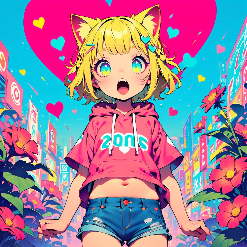 Style 11,One girl, heart, alone, Blonde Hair, Open your mouth, Cat ears, Large flower hair ornaments on both sides,Short Hair、Turquoise Eyes、Pink short sleeve hoodie、Belly button、Denim shorts、２０age